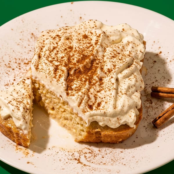 Slice of cinnamon-topped cream cake on a white plate, garnished with cinnamon sticks against a green background.
