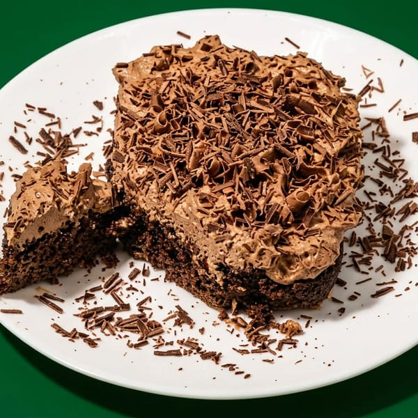 Chocolate cake topped with chocolate frosting and shavings, served on a white plate against a green background.
