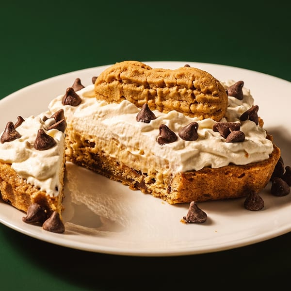 Slice of chocolate chip cookie cake topped with whipped cream and chocolate chips on a white plate.