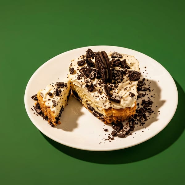 Slice of cookies-and-cream cheesecake topped with whipped cream and crushed chocolate cookies on a white plate.