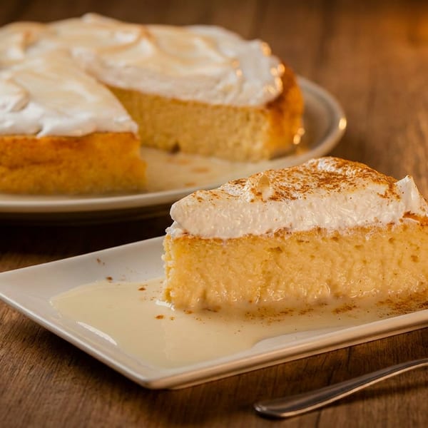 Slice of creamy cinnamon-dusted cake with whipped topping on a square plate, with a whole frosted cake in the background.