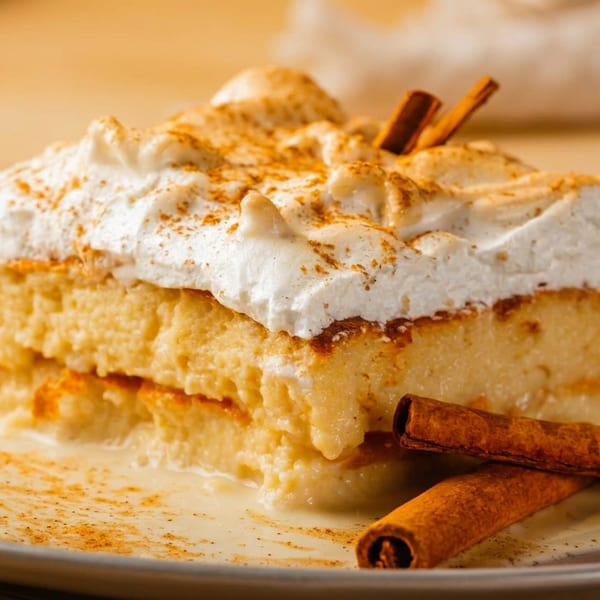 Cinnamon-dusted creamy layered dessert topped with whipped cream and cinnamon sticks on a plate.