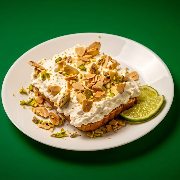 Cream-topped pastry garnished with sliced almonds and pistachios, served with lime wedges on a white plate.