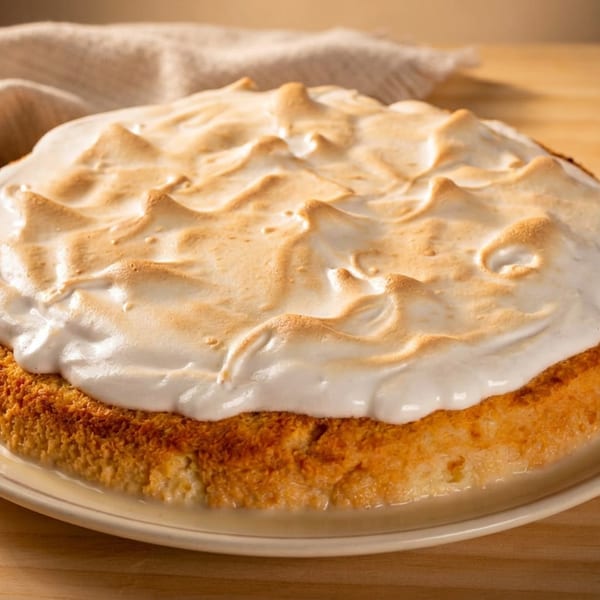 Golden crumb-crusted cake topped with thick, toasted meringue sits on a plate atop a wooden table.
